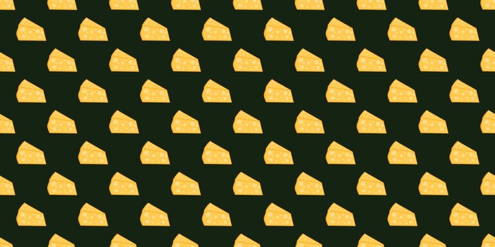 Seamless pattern of cheese slices on dark green background.  flat food illustration.