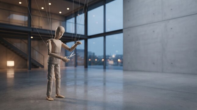 A puppet figure cutting its own strings while standing alone in an open space, symbolizing awareness, resistance, autonomy, recovery, and freedom