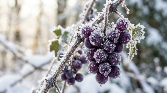 Beautiful winter landscape background. Ripe purple berries hanging on a vine heavily coated with sharp white ice crystals.
