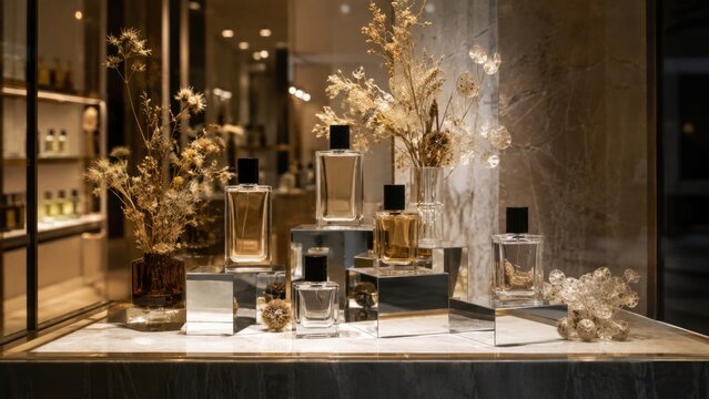 Luxury Fragrance Store Window Display With Perfume Bottles and Mirrored Stands