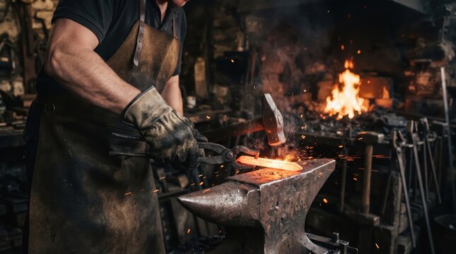 Skilled Metalworker Forging Heated Steel with Hammer and Sparks in Workshop