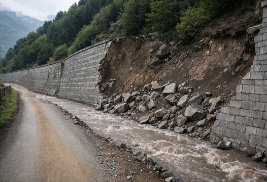 A view of a collapsed stone retaining wall with rockslide debris falling onto a mountain road alongside a flowing river