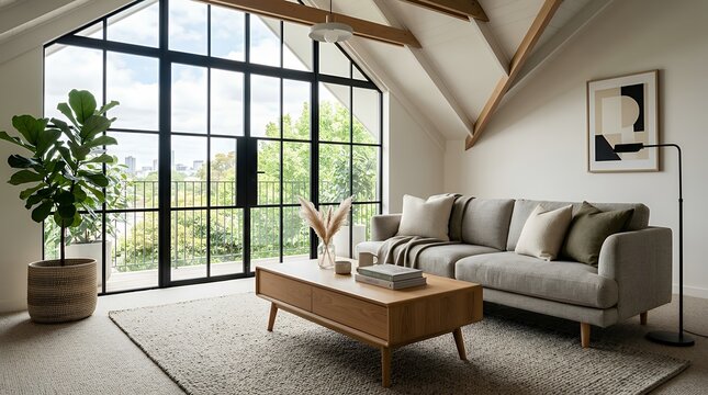 Modern Minimalist Living Room Interior Mockup Featuring a Wooden Coffee Table and Fabric Sofa Couch on a Textured Carpet by a Glass Wall Under a Sloped Ceiling  living room interior mockup 3d