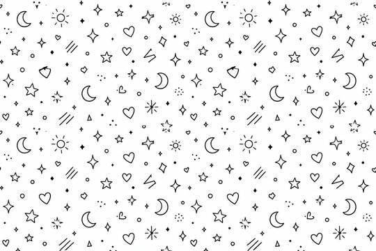 Hand drawn doodle pattern with moons stars hearts and suns elements