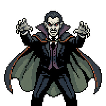 Retro pixel art illustration of a vampire king character with claws raised in a scary menacing pose, dark flowing cape, isolated on white background