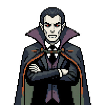 Retro pixel art illustration of a gothic vampire king character with red glowing eyes and a dark cape, front view portrait, isolated on white background