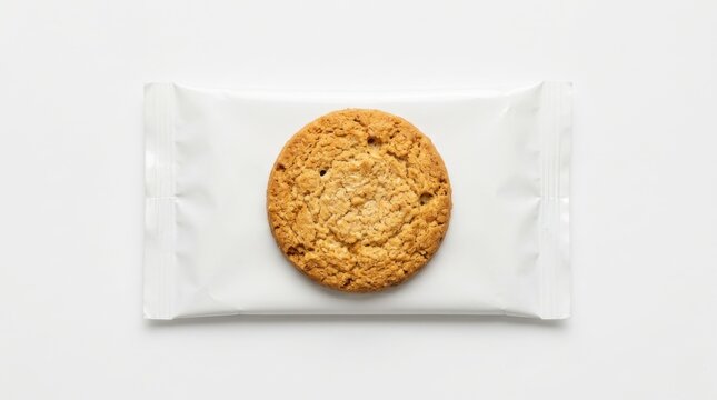 Single chocolate chip cookie on a white snack wrapper