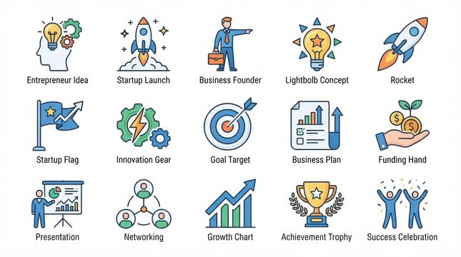 Set of business startup and success icons on a white background
