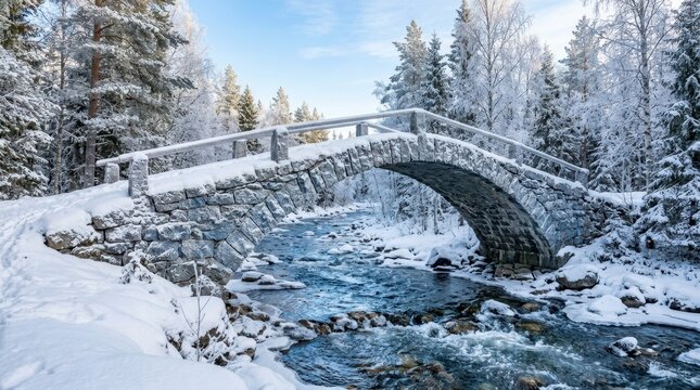 Stunning winter landscape background. An old arched stone bridge crosses a flowing stream surrounded by snowy woods.