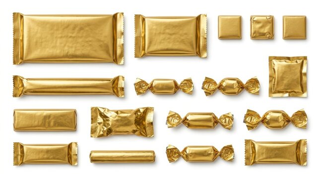 Set of various golden candy wrappers on white background