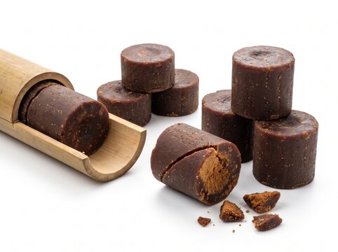 Traditional Asian palm sugar blocks or gula melaka with bamboo tube container, sweet natural organic ingredient isolated on clean white background