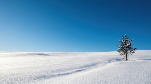 Stunning winter landscape background. A solitary pine tree stands resilient amidst a vast empty expanse of untouched white snow under a clear sky.