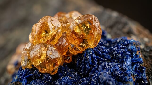 Extreme scientific macro photograph showcasing vibrant amber crystal aggregates nested over deep azure mineral clusters mimetite azurite mineral crystal specimen geology science micro