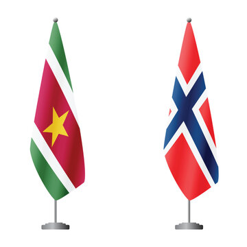 Suriname and Norway flags on flagpoles for official ceremonies and meetings, transparent background vector