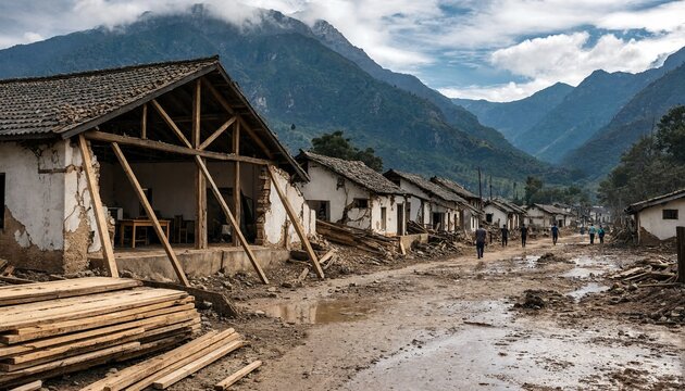 A village scene featuring damaged houses and muddy roads after a severe natural disaster in mountain regions