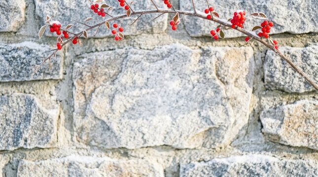 Stunning winter landscape background. A slender branch carrying bright red berries hangs gracefully against a textured rustic stone wall outdoors.