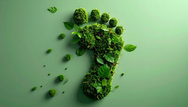 Moss-covered footprint with fresh leaves and round moss elements on a green background, representing natural living, sustainability, ecology, botanical design, and environmental harmony.