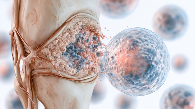 Rheumatoid arthritis diagram displays inflammation in synovial tissue and infiltration of autoimmune cells in a joint cross-section.