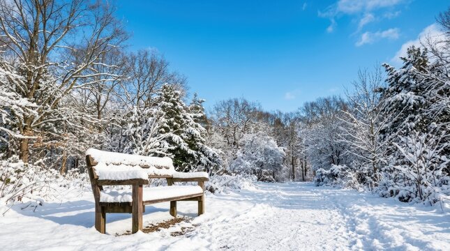 Stunning winter landscape background. A solitary wooden bench sits heavily covered with fresh white snow alongside a quiet peaceful winter woodland trail.