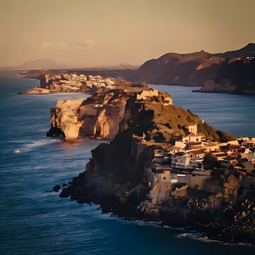 Golden hour aerial view of a coastal town with a rocky peninsula extending into the ocean and small boats in the harbor sunset lighting coastal landscape peninsula coa