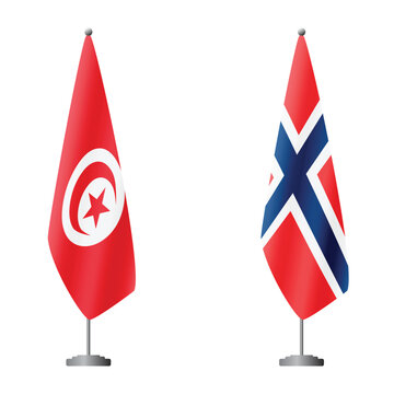 Tunisia and Norway flags on flagpoles for official ceremonies and meetings, transparent background vector