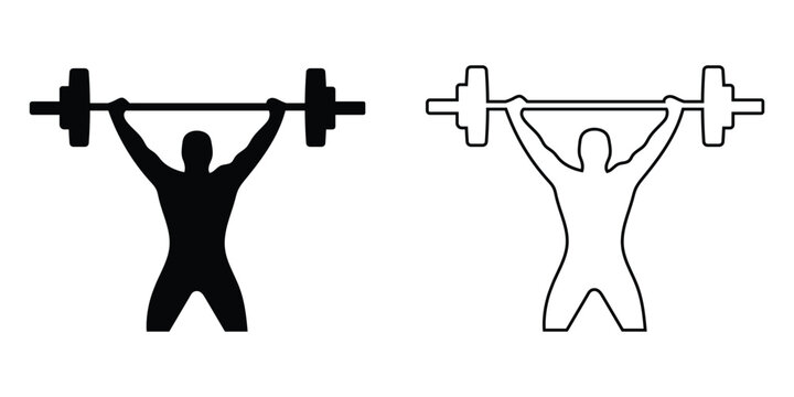 Weightlifting athlete icon set lifting heavy barbell overhead in solid black glyph and line art outline style isolated on white background bodybuilder gym workout fitness vector design