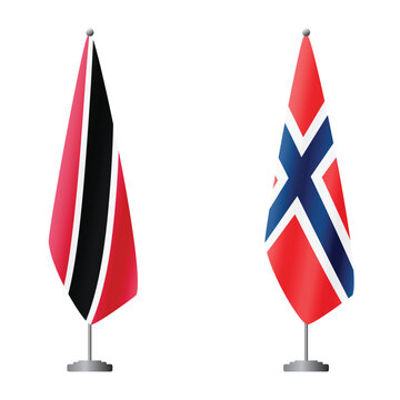 Trinidad and Tobago and Norway flags on flagpoles for official ceremonies and meetings, transparent background vector