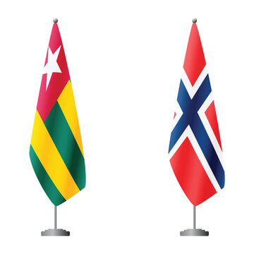 Togo and Norway flags on flagpoles for official ceremonies and meetings, transparent background vector