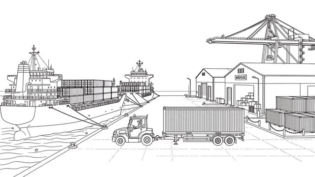 Industrial port scene with ships and containers white background.