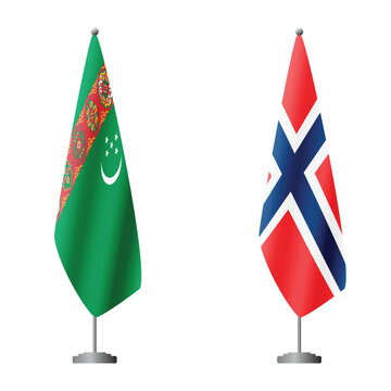 Turkmenistan and Norway flags on flagpoles for official ceremonies and meetings, transparent background vector