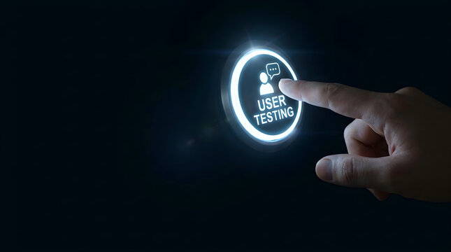Finger pressing a digital button labeled user testing on dark