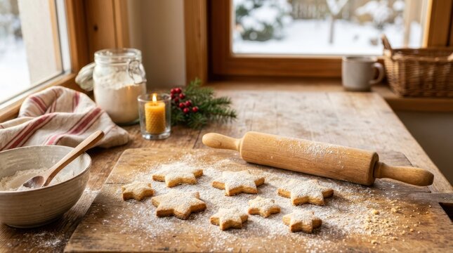 Winter holiday season atmosphere. Flour is dusted over a wooden board while shaping star cookies with a rolling pin.