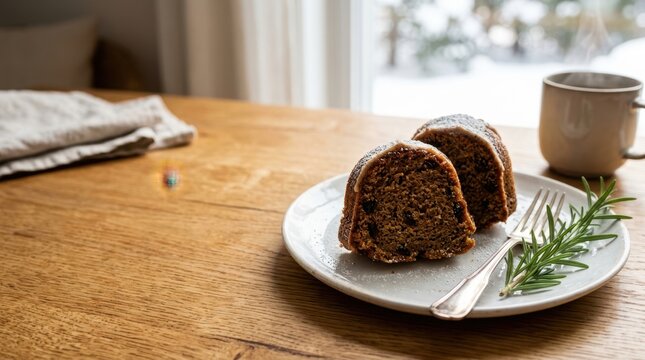 Winter holiday season atmosphere. Slices of spiced bundt cake lie on a white plate on a rustic wooden dining table.