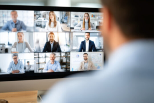 Video conference call. Group of people talk with colleague, partners or team members. Online meeting or education webinar. Employees discuss project presentation or planning work or strategy at meet.