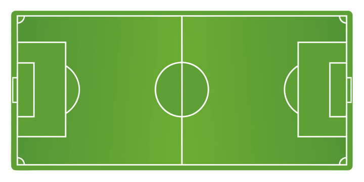 top view of a clean, green soccer field with white markings and goalposts vector