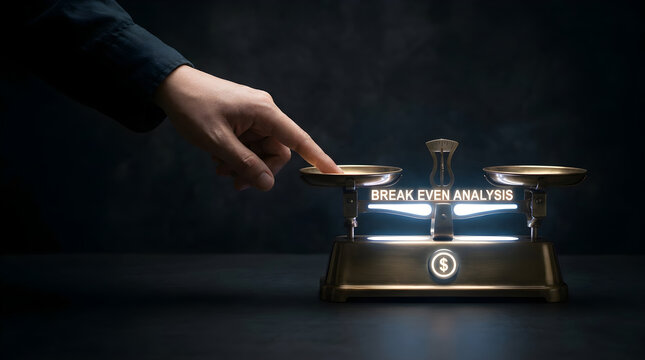 Finger pressing down on a balance scale with break even analysis text