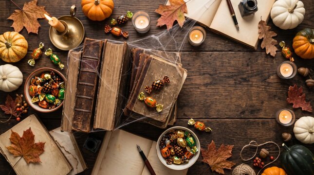 Halloween autumn flat lay with antique books, pumpkins, candles, candy, cobwebs and rustic copy space