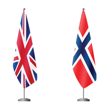United Kingdom and Norway flags on flagpoles for official ceremonies and meetings, transparent background vector