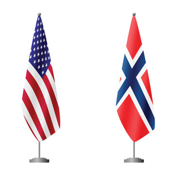 United States and Norway flags on flagpoles for official ceremonies and meetings, transparent background vector