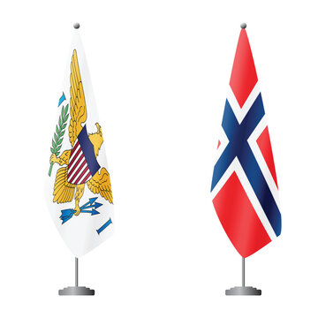 United States Virgin Islands and Norway flags on flagpoles for official ceremonies and meetings, transparent background vector