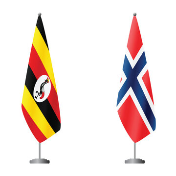 Uganda and Norway flags on flagpoles for official ceremonies and meetings, transparent background vector