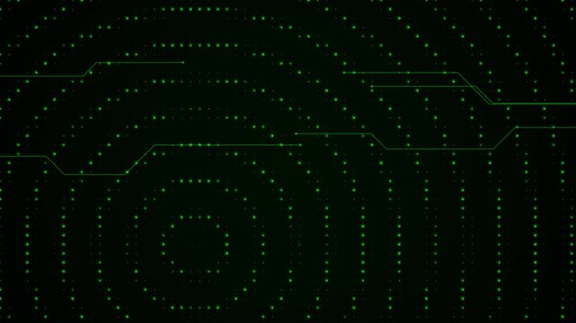 Dark technology background featuring green glowing concentric circles and circuit board traces on a digital theme
