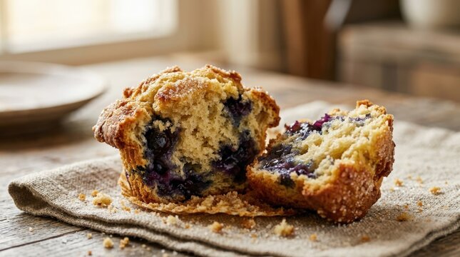 Fresh Blueberry Muffin Crumbles on Rustic Wooden Table