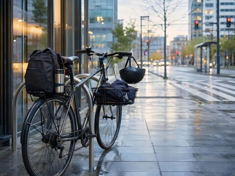 commuter bicycle with backpack and helmet on wet city sidewalk