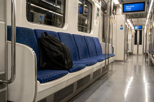 forgotten black rucksack on blue subway seats
