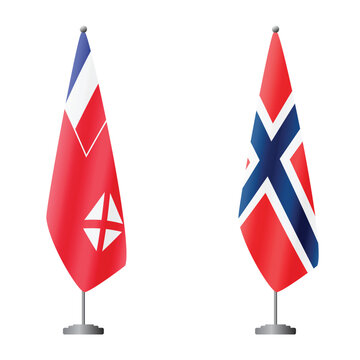 Wallis and Futuna and Norway flags on flagpoles for official ceremonies and meetings, transparent background vector