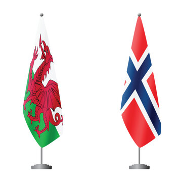 Wales and Norway flags on flagpoles for official ceremonies and meetings, transparent background vector