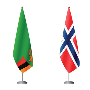 Zambia and Norway flags on flagpoles for official ceremonies and meetings, transparent background vector