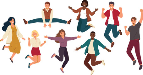 Fototapeta premium Diverse happy people jumping and celebrating success vector set with joyful men and women bouncing splits smiling and expressing positive energy.