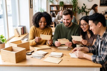 Obraz premium Young collectors sorting and exchanging vintage-style postcards, representing collector culture, nostalgia, shared interests and community.